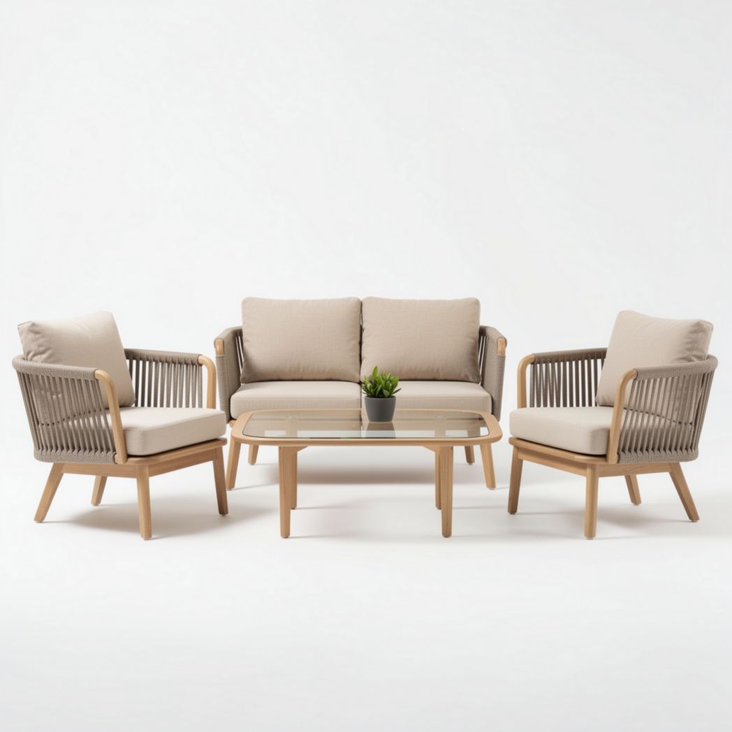 Salon de jardin en rotin synthétique couleur beige avec table en verre 150 x 80 x 75cm