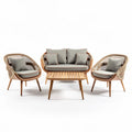 Canapés et fauteuils en rotin avec coussins gris et table basse en bois 120 x 70 x 80cm