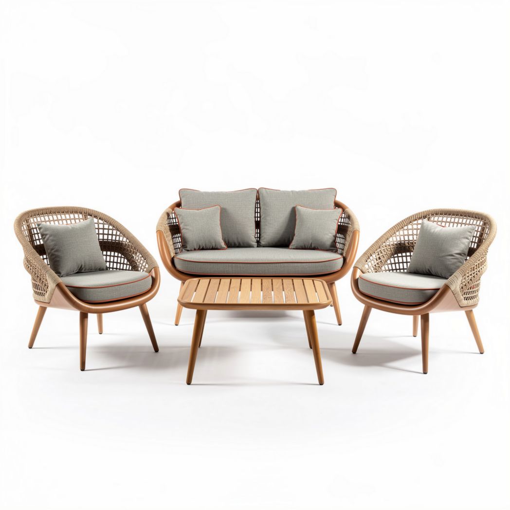 Canapés et fauteuils en rotin avec coussins gris et table basse en bois 120 x 70 x 80cm