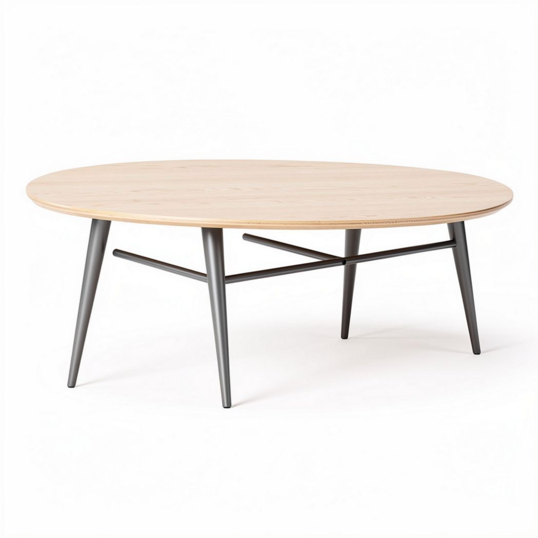 Table basse ovale en bois clair avec pieds métalliques gris 100 x 60 x 40cm