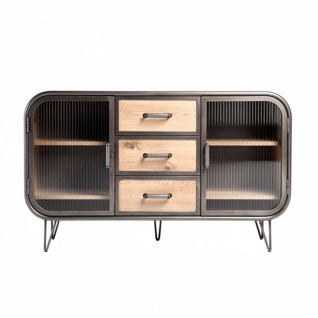 Meuble de rangement en bois et métal avec portes vitrées 150 x 45 x 80cm