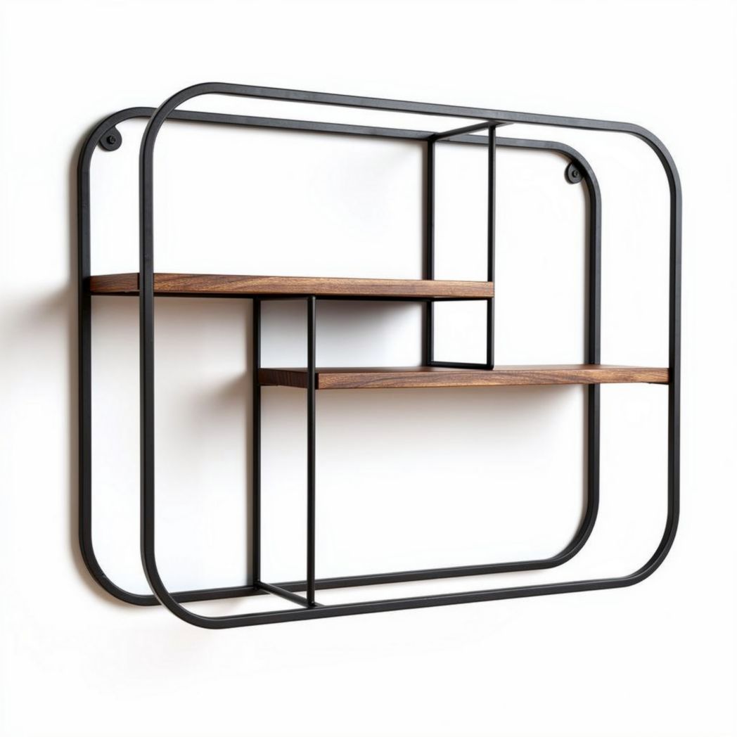Étagère murale en métal noir et bois, dimensions 60 x 35 x 15cm, pour rangement décoratif