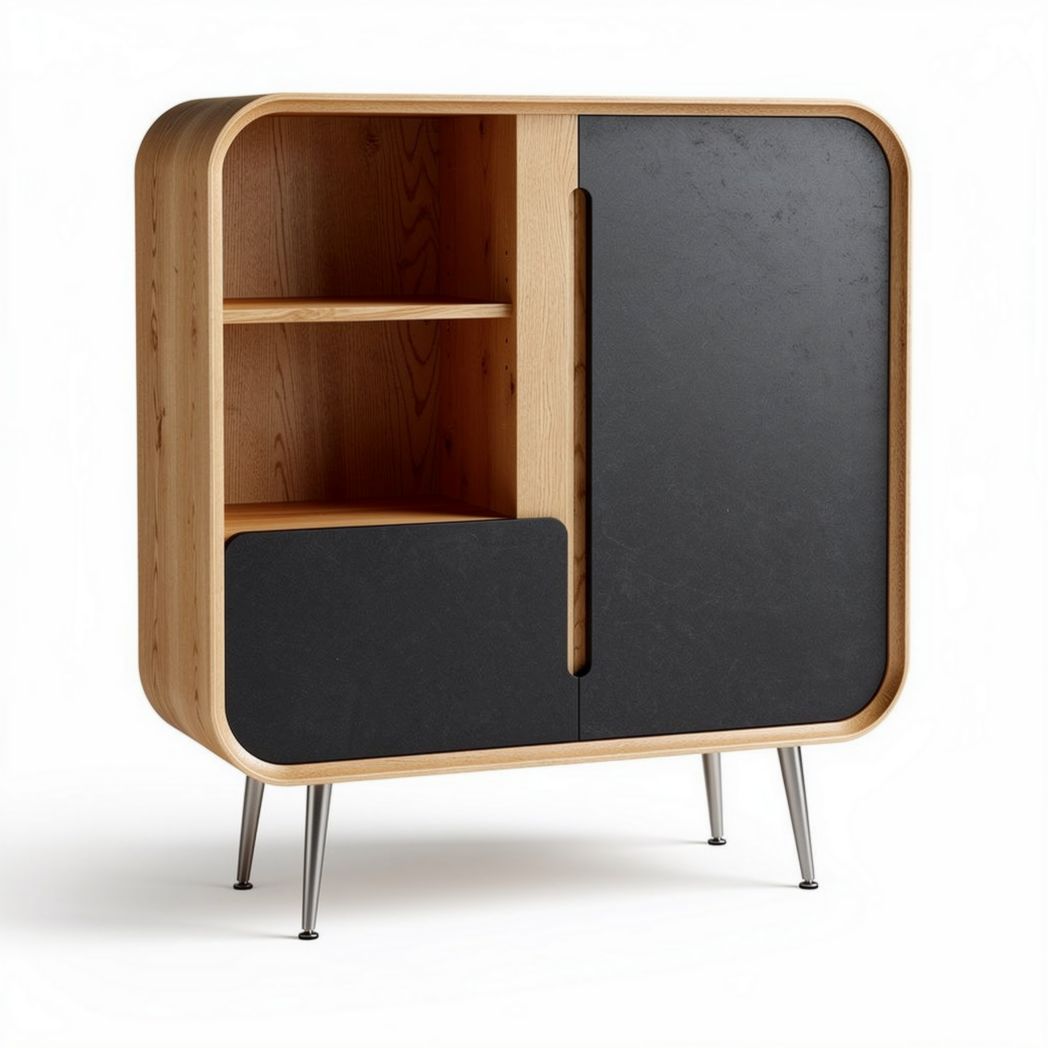 Meuble de rangement en bois de chêne et métal noir 80 x 40 x 90 cm