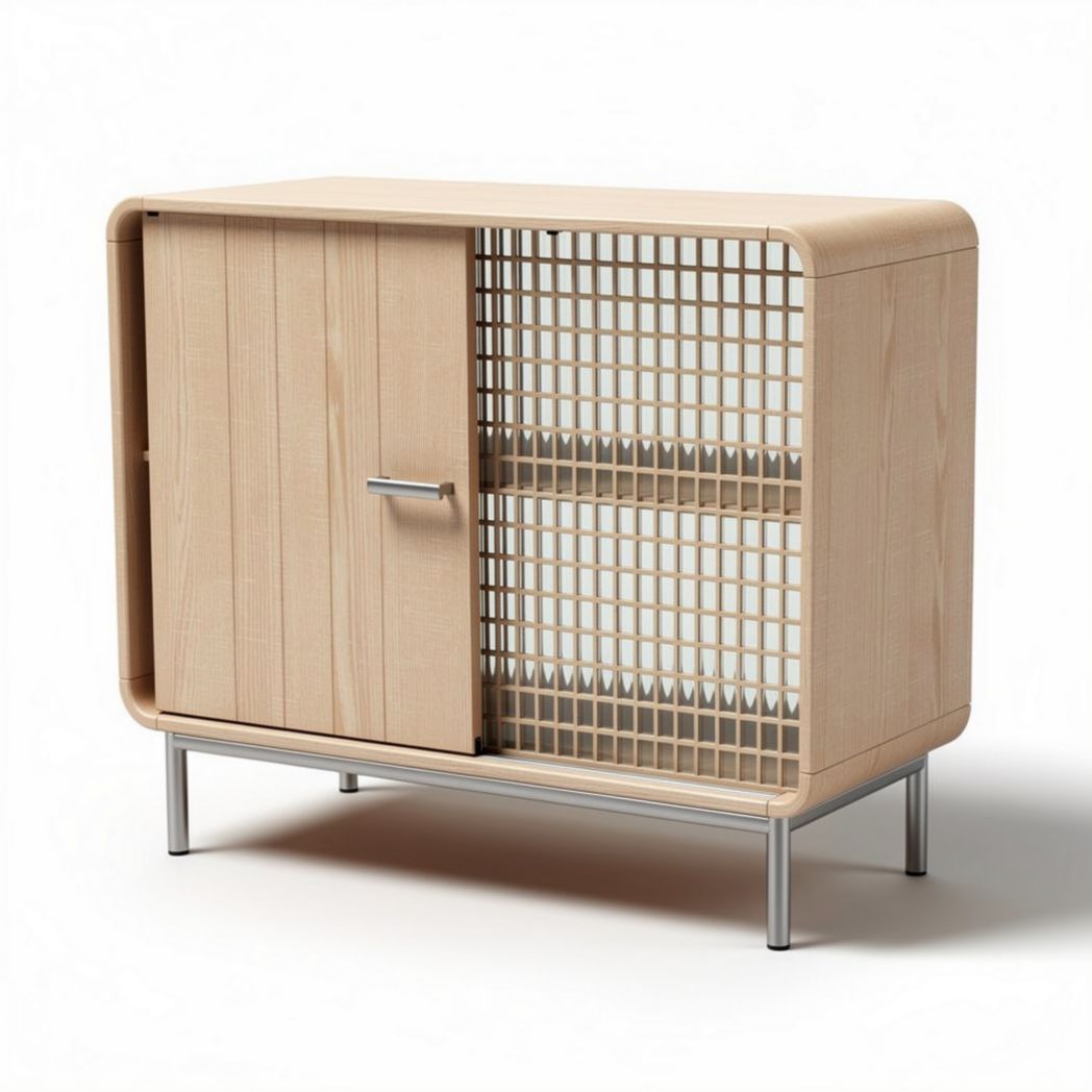 Meuble de rangement en bois clair avec porte coulissante et étagères 80 x 40 x 70cm