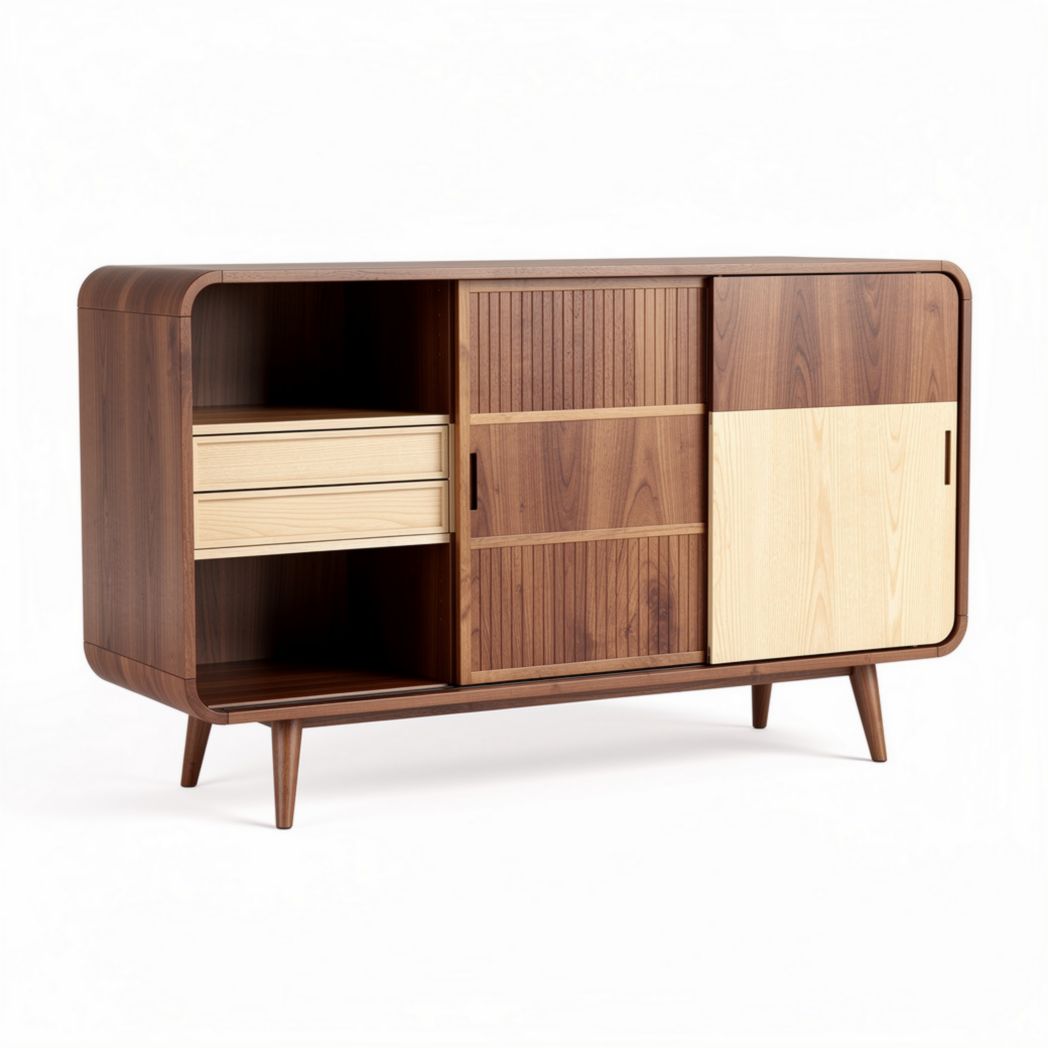 Buffet en bois de chêne naturel avec deux portes et tiroirs 150 x 40 x 80 cm