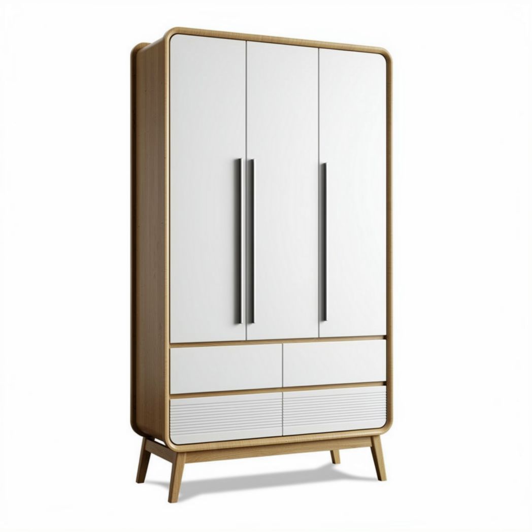 Armoire en bois avec portes blanches et tiroirs en bois naturel 180 x 90 x 50cm