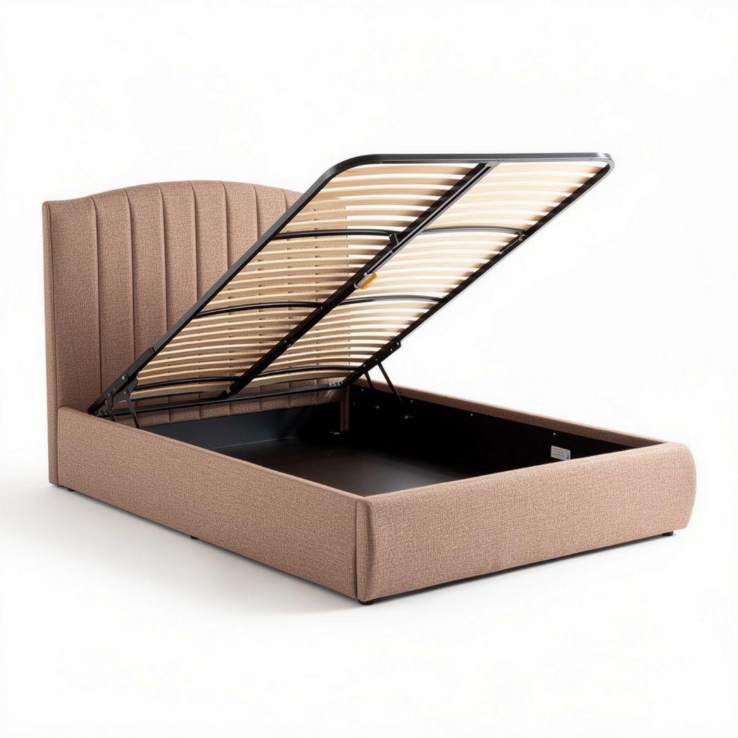 Lit en tissu beige avec sommier relevable dimensions 200 x 160 x 100cm