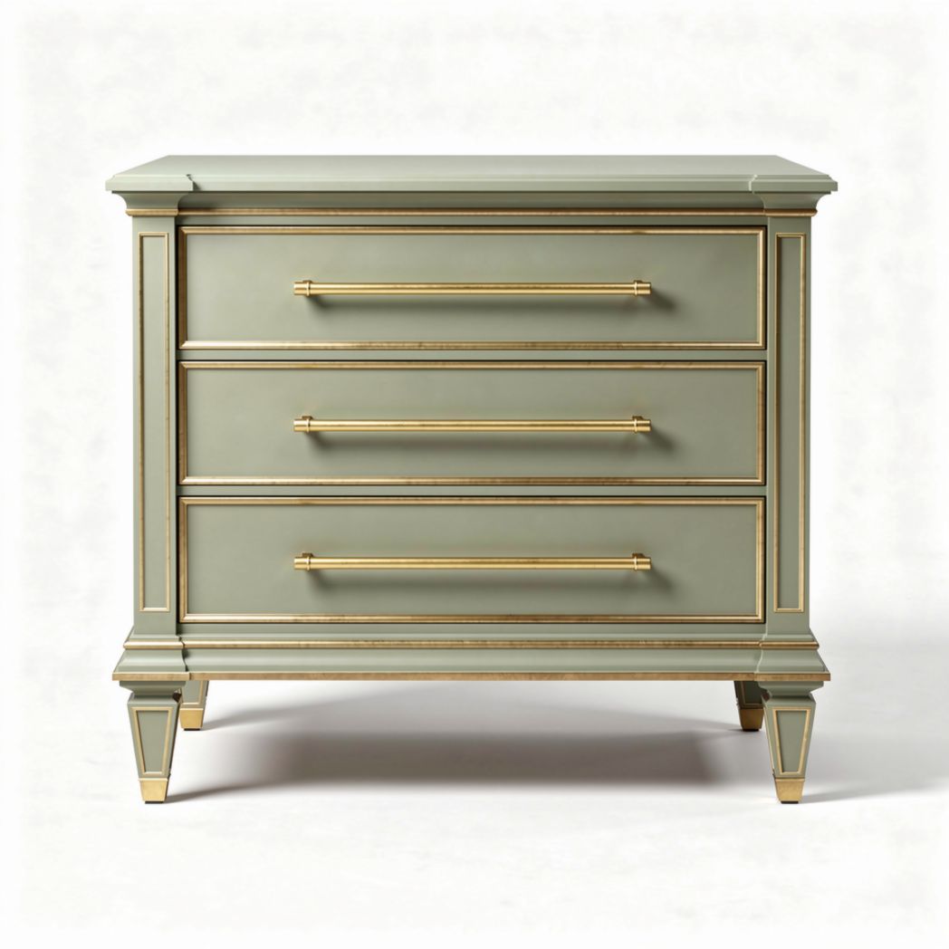 Commode en bois avec trois tiroirs de couleur verte et finitions dorées 45 x 60 x 40cm